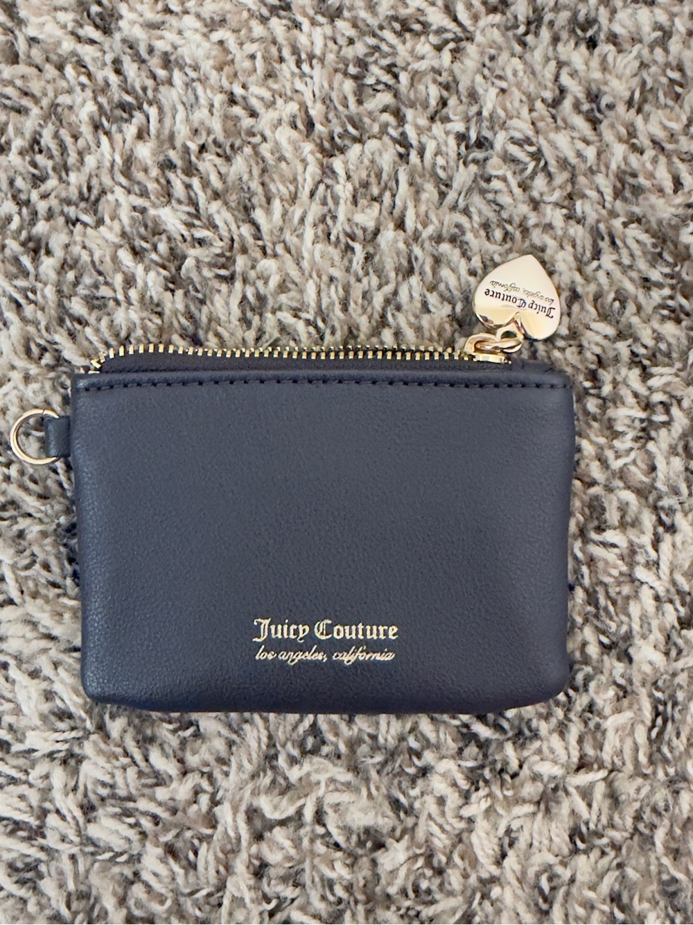 Juicy Couture Navy Leather Zip Card Pouch with Gold Heart Charm